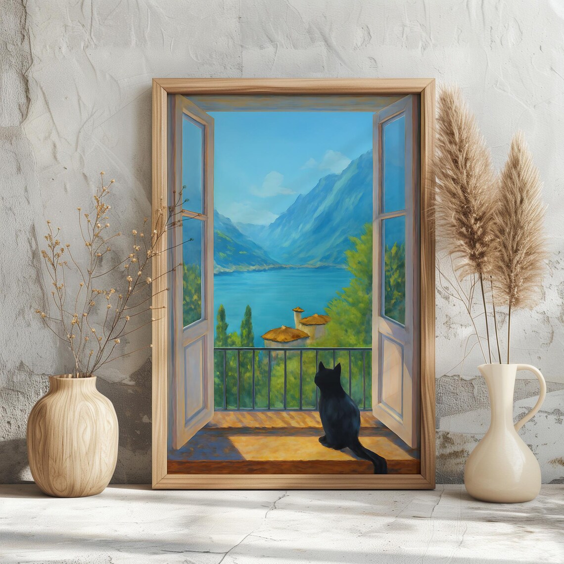 Black Cat Open Window Lake Mountains Terrace Painting Cat Lover Poster