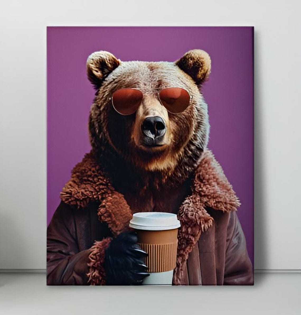 Brown Bear in Aviator Sunglasses Holding Coffee Cup Purple Pop Poster
