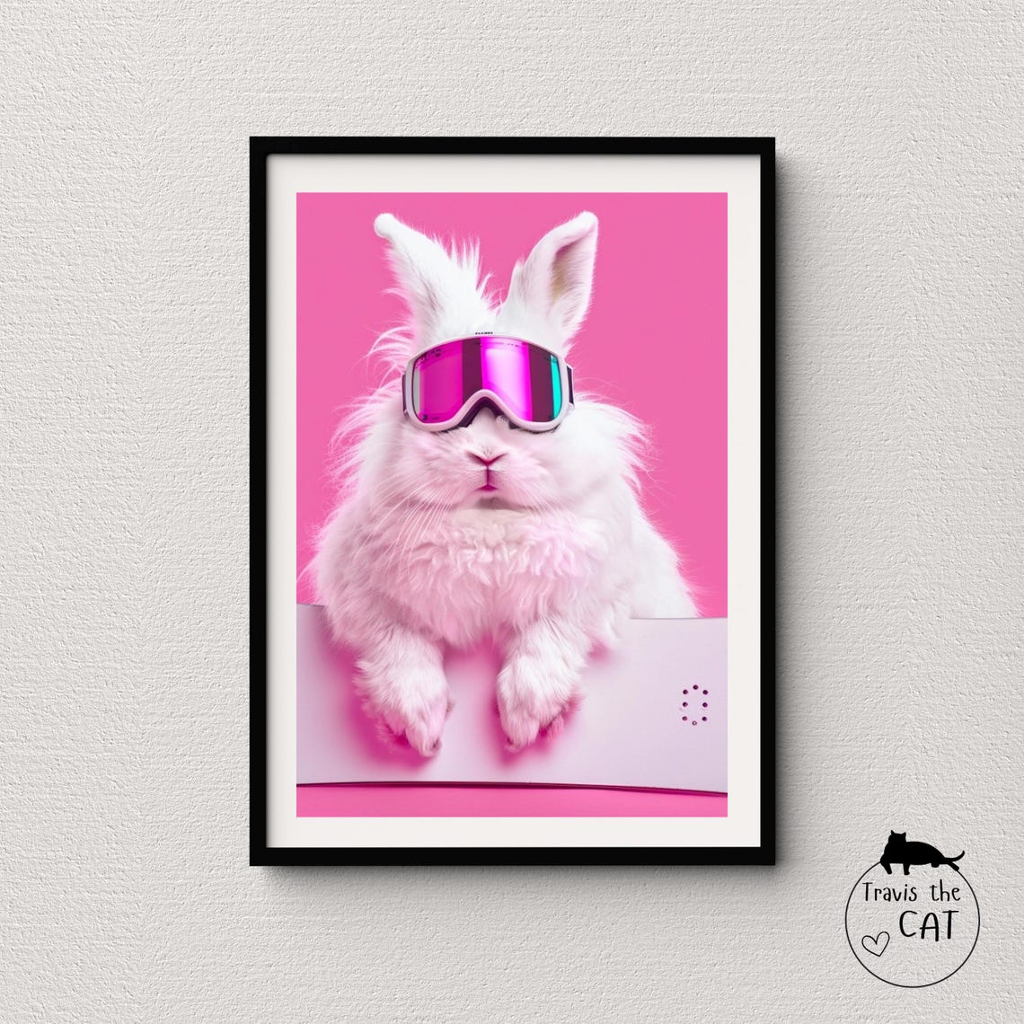 Fluffy White Rabbit in Pink Goggles on Snowboard Dreamy Pop Art Poster