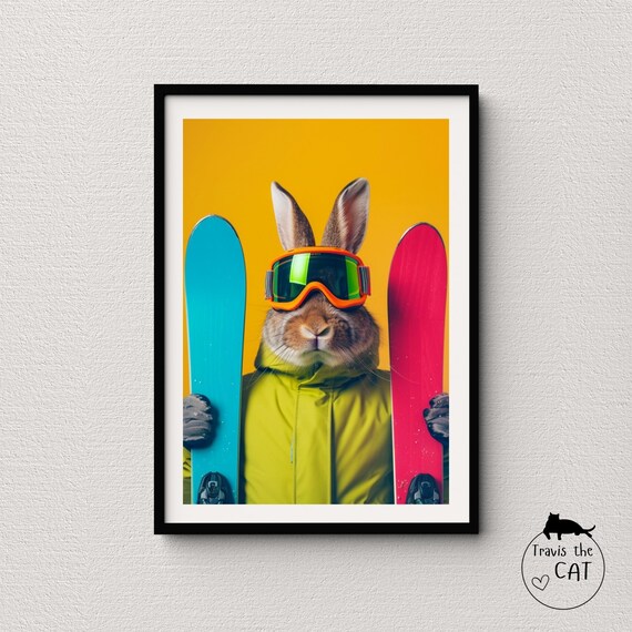 Rabbit Skier in Orange Goggles Holding Skis Fun Winter Sports Poster