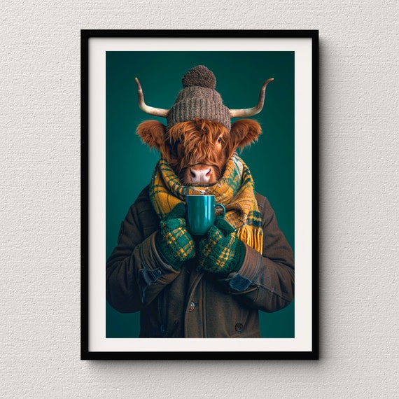 Print Highland Cow Drinking Coffee Chilling Cute Cow Wall Art For The Animal Lover Aesthetic Prints Prints Cow Prints