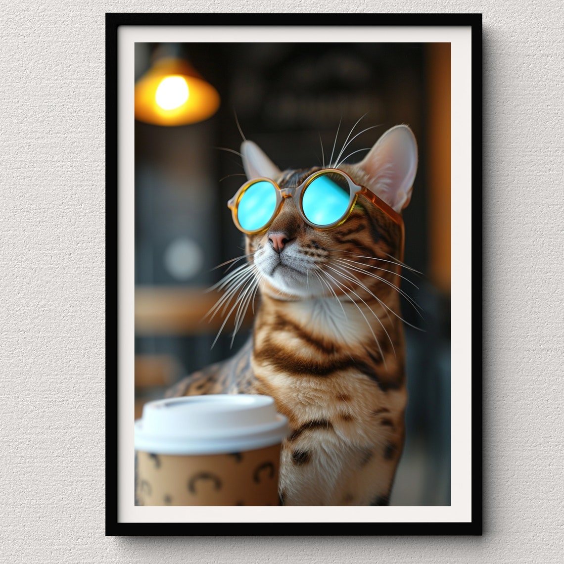Bengal Cat in Mirrored Blue Sunglasses at the Cafe With Coffee Poster
