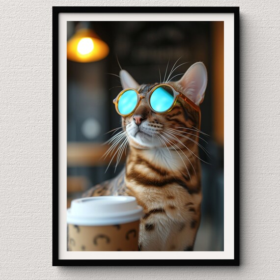 Bengal Cat in Mirrored Blue Sunglasses at the Cafe With Coffee Poster