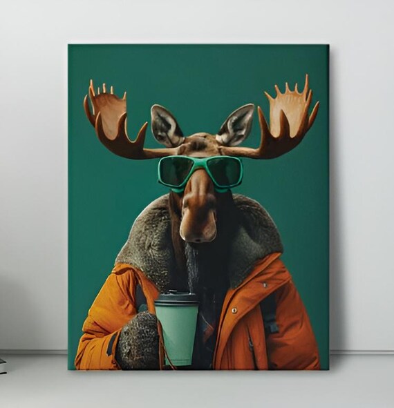Cool Moose in Orange Puffer Jacket With Coffee and Teal Shades Poster