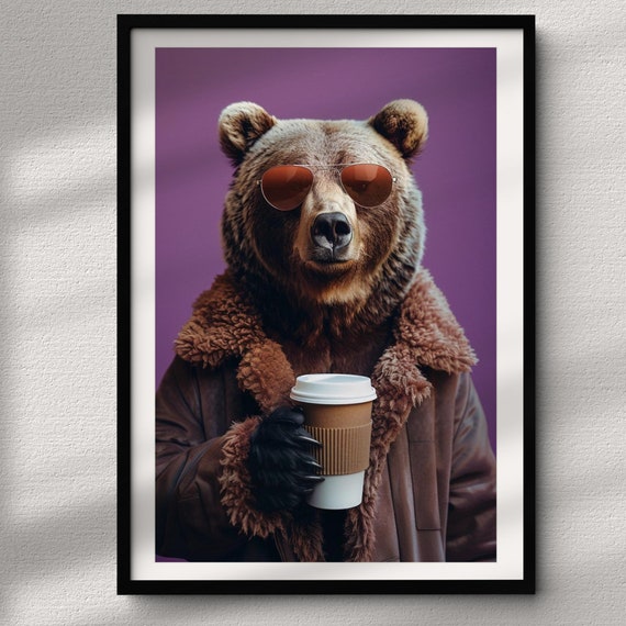Print Brown Bear Drinking Coffee Mothers Day Art Mama Bear Wall Art For The Animal Lover Aesthetic Prints Prints
