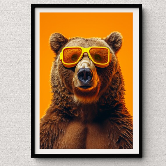 Grizzly Bear Wearing Yellow Sunglasses Bold Orange Portrait Poster