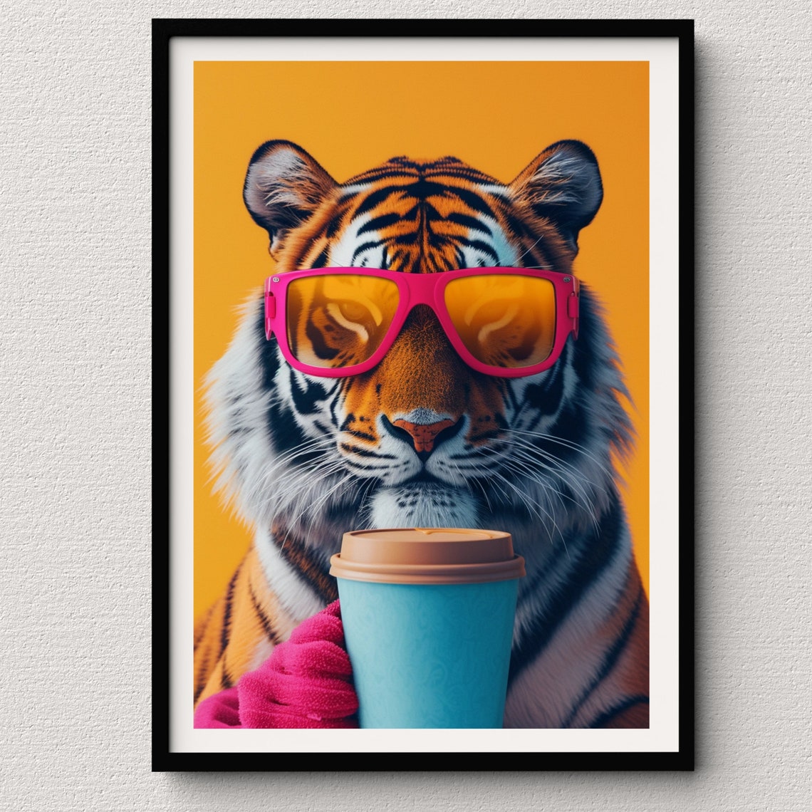 Tiger Wearing Pink Sunglasses Holding Coffee Cup Bold Orange Poster