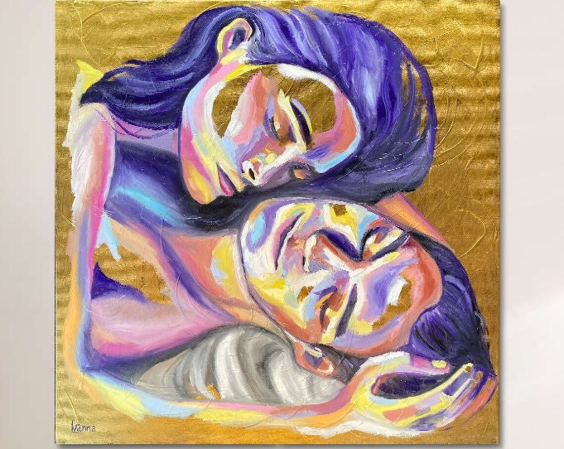 Lovers Embrace Colorful Abstract Couple Romantic Art Painting - Image 3