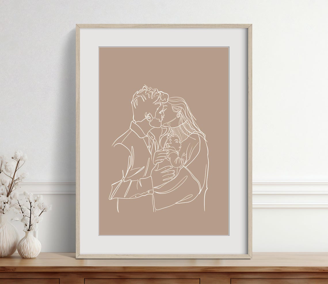 New Parents Embracing Newborn Minimalist Single Line Art Poster