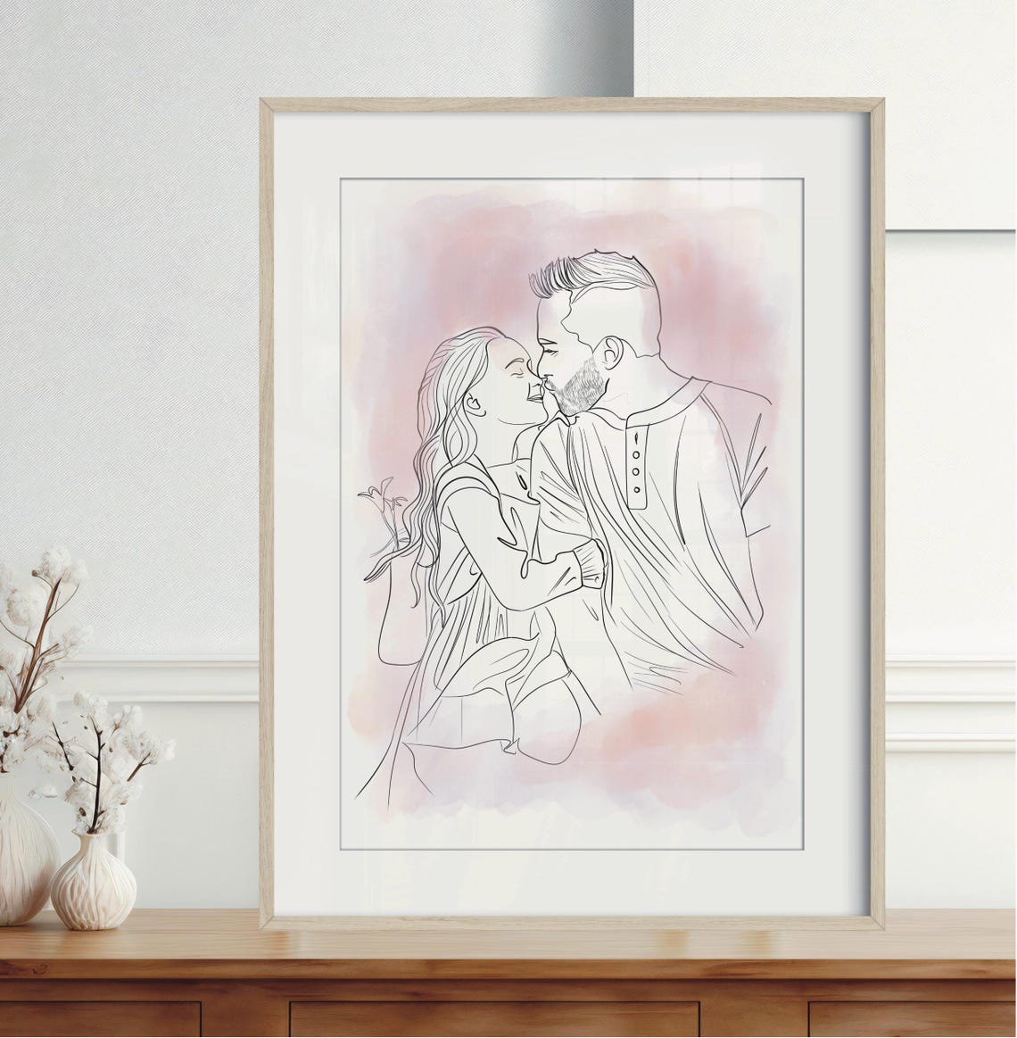 Couple About to Kiss Blush Watercolor Custom Line Drawing Poster