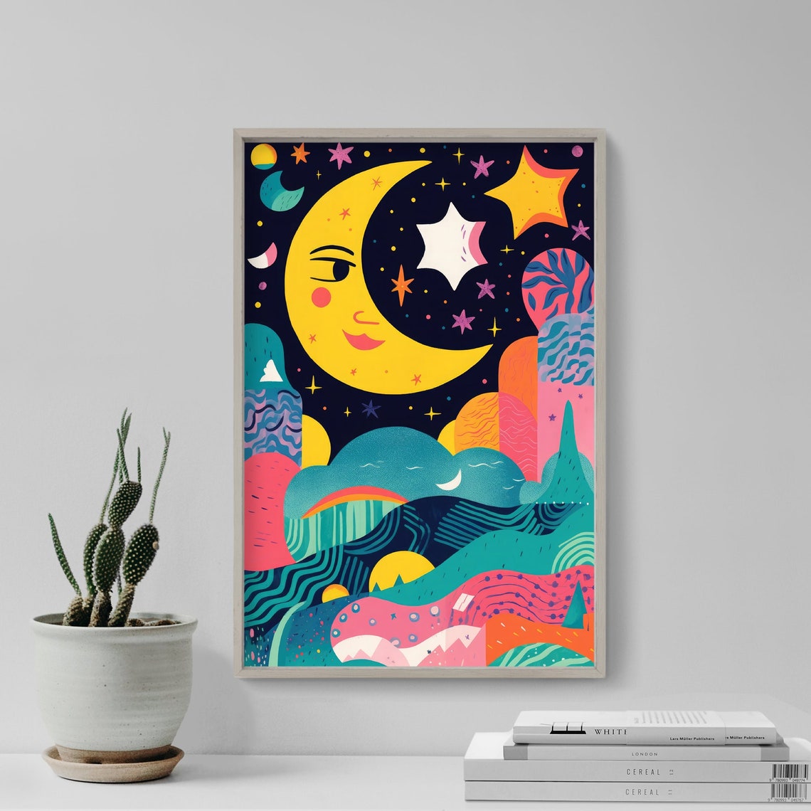 Nursery Holotone Moon And Stars 1 Art Print Poster Painting Museum Quality Giclee Home Wall Dcor
