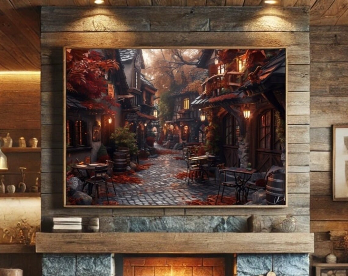 Enchanting Autumn Village Street Cozy Lantern Lit Alley Fall Poster
