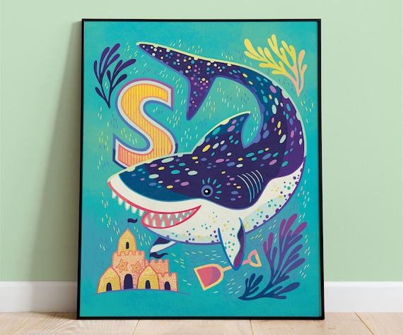 Kids Room Art Nursery Decor Or Baby Shower Gift Colorful And Cute S For Shark And Sandcastle