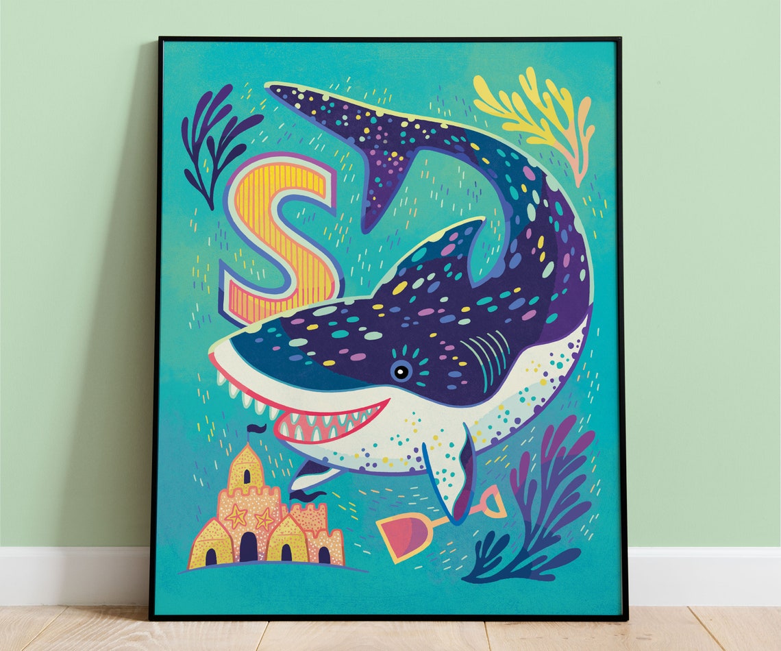 S Is for Shark Alphabet Nursery Letter S Friendly Shark Print