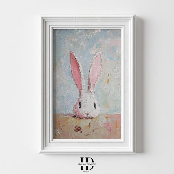 Whimsical Bunny Wall Art Textured Impressionist Rabbit Print Soft Pastel Animal Painting Cute Nursery Decor