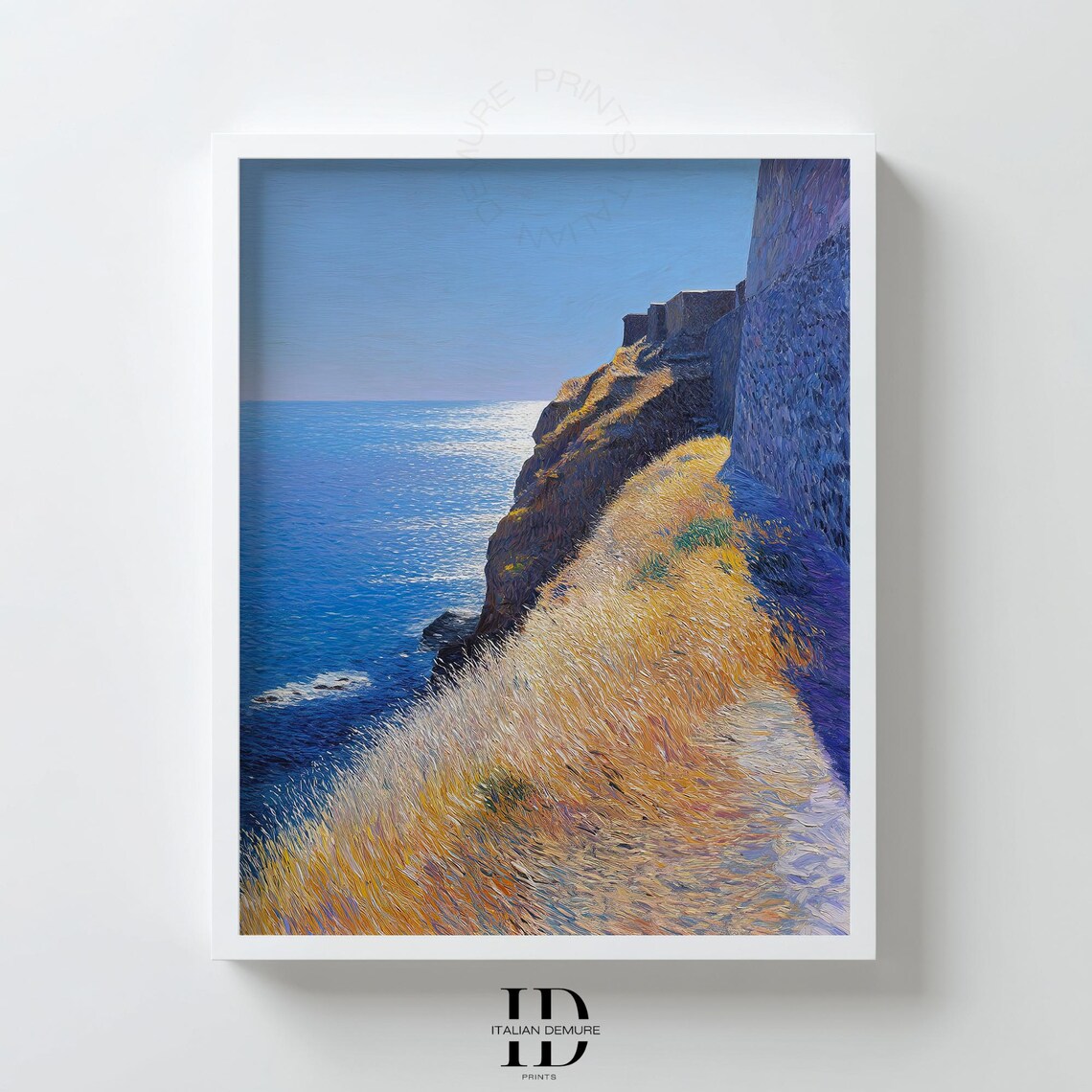 Coastal Cliff Path Above Blue Sea Golden Grass Impressionist Seascape Poster