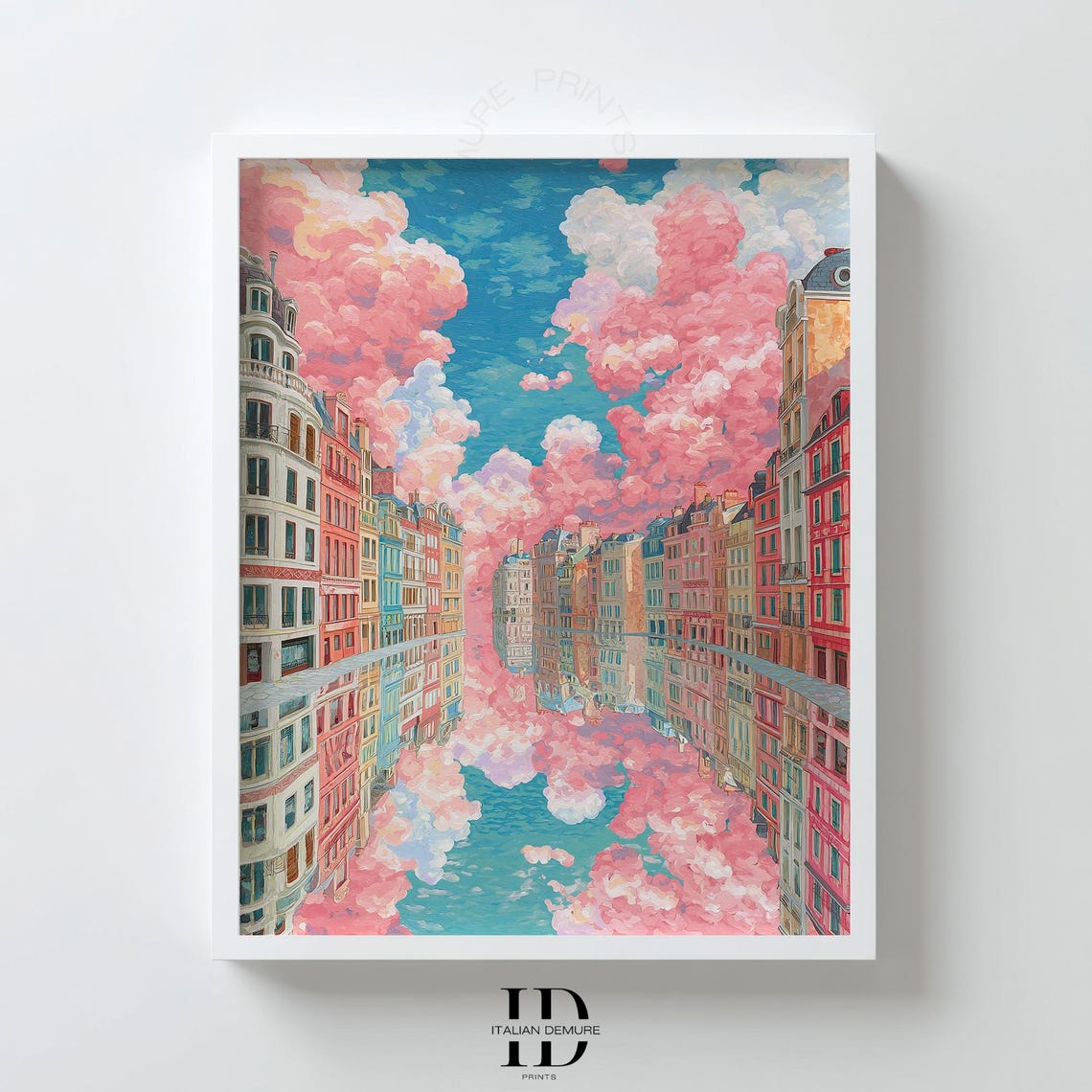 Dreamy Pastel City Street Beneath Giant Pink Clouds Surreal Print