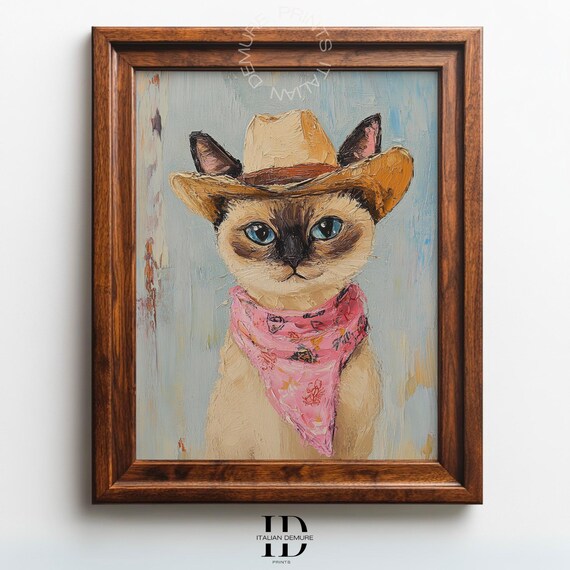 Cute Cowgirl Siamese Kitten Portrait Pink Bandana Western Art Print