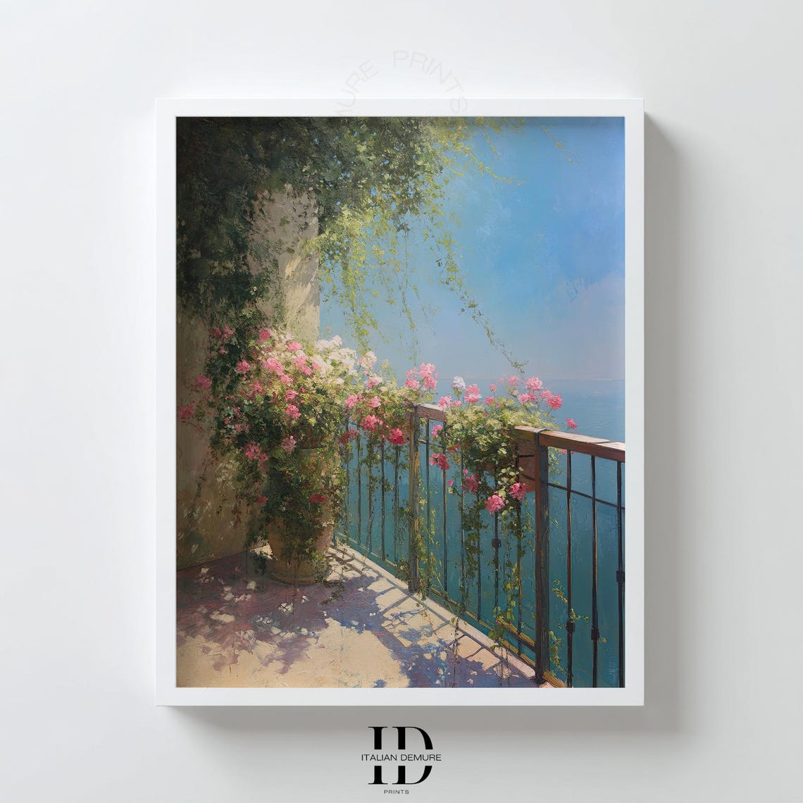 Mediterranean Balcony With Pink Flowers Overlooking Sea Art Print