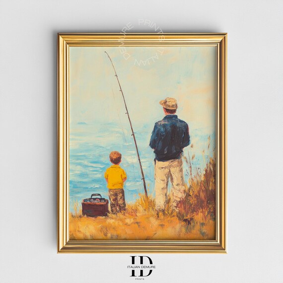 Father And Son Fishing At Sunset Vintage Impressionist Art Poster