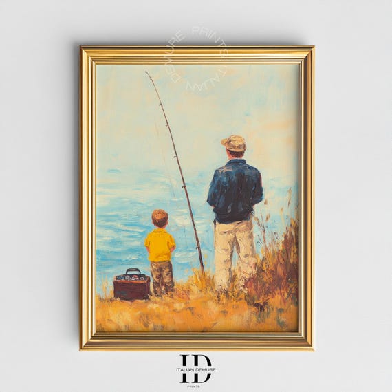 Father Son Fishing Rustic Impressionist Wall Art Vintage Countryside Lake Painting Home Decor