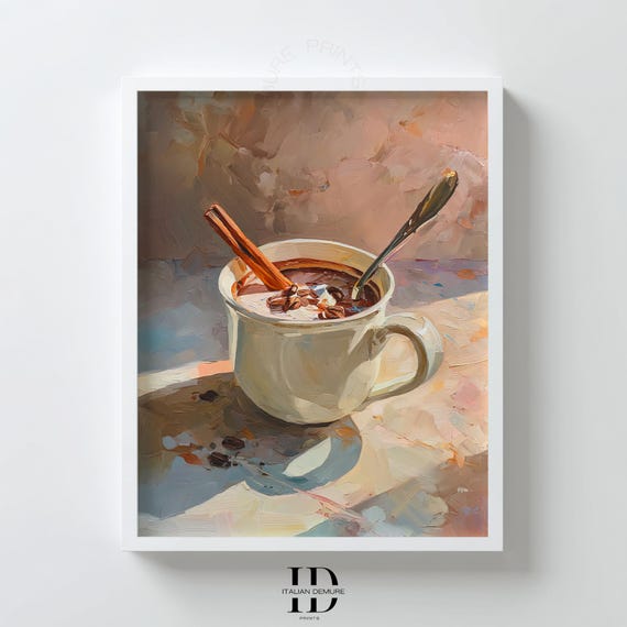 Hot Chocolate Mug Wall Art Painterly Coffee Print Cozy Kitchen Decor Cinnamon Stick Artwork Cafe Poster