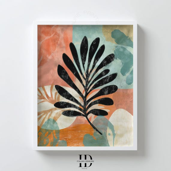 Tropical Leaf Wall Art Black Botanical Print On Abstract Background Mid Century Modern Jungle Decor Plant Poster