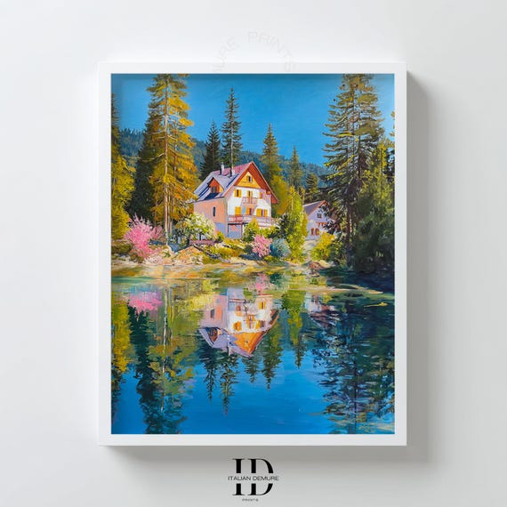 Lake House Reflection Wall Art Mountain Cabin Landscape Print Peaceful Forest Nature Scene Cozy Home Poster