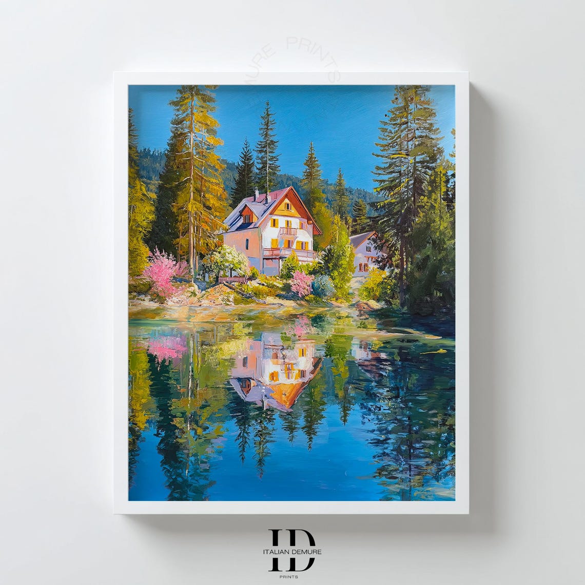 Alpine Lakeside Chalet With Mirror Reflection Painterly Nature Print