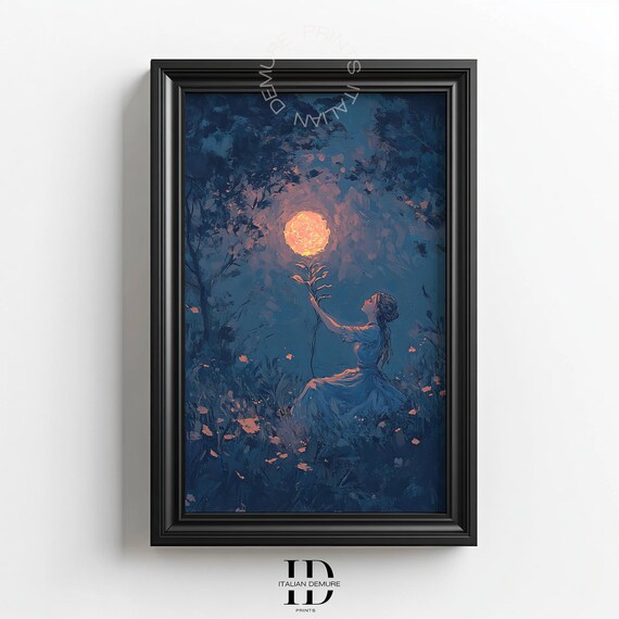 Mystical Moon Flower Art Enchanted Night Fantasy Print Glowing Floral Painting Dark Blue Gold Artwork Instant