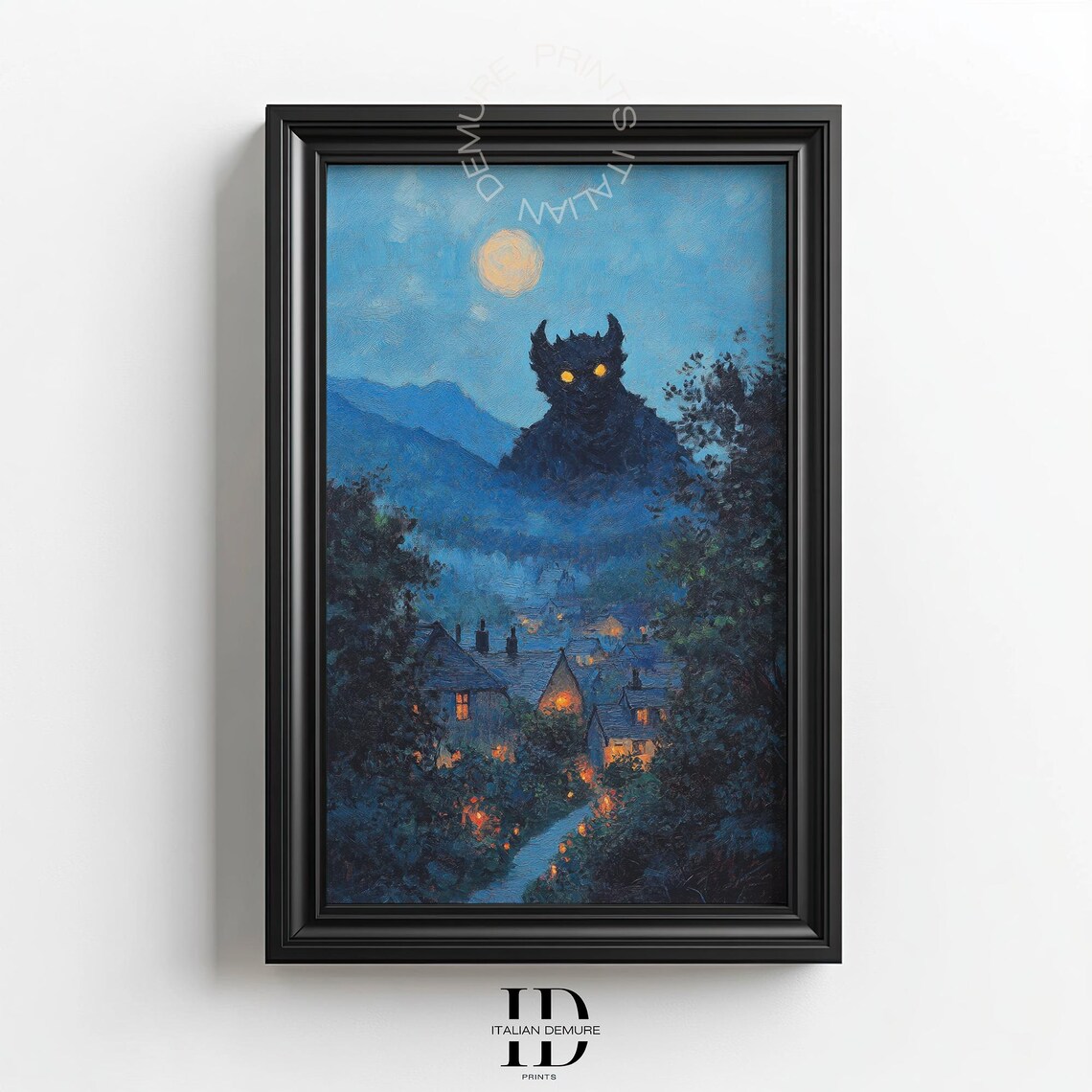 Giant Black Cat Glowing Eyes Moonlit Village Halloween Fantasy Poster