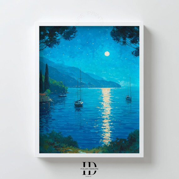 Moonlit Mediterranean Coastal Seascape Night Sailboat Bay Art Poster