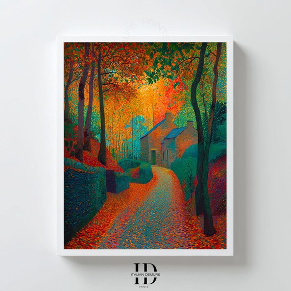Autumn Cottage Wall Art Colorful Forest Path Print Impressionist Landscape Vibrant Foliage Poster Rustic Fall Decor