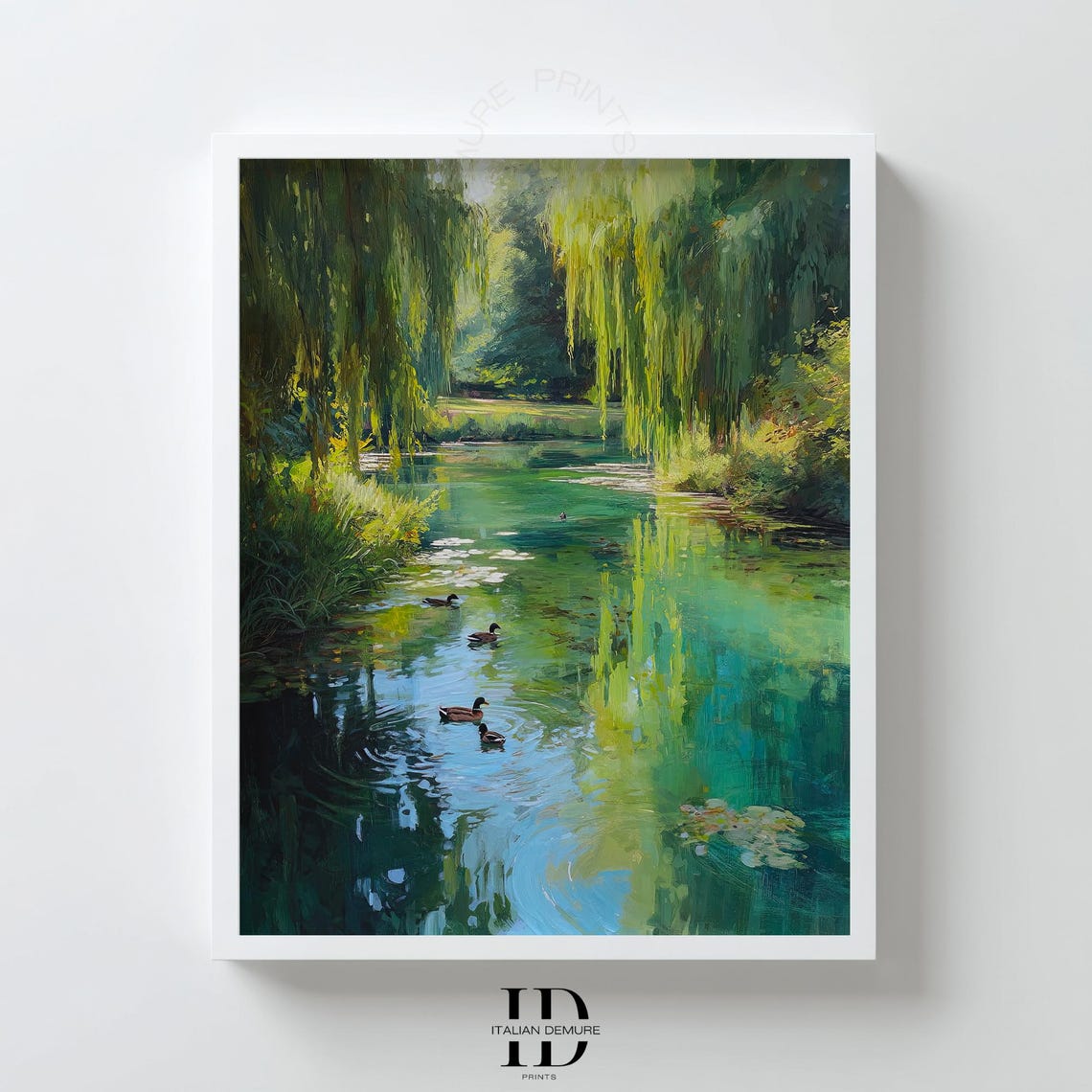 Weeping Willows Over a Tranquil Duck Pond Impressionist Poster