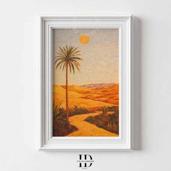 Vintage Desert Palm Tree Wall Art Sunset Landscape Boho Tropical Southwest Home Decor Earthy Tones