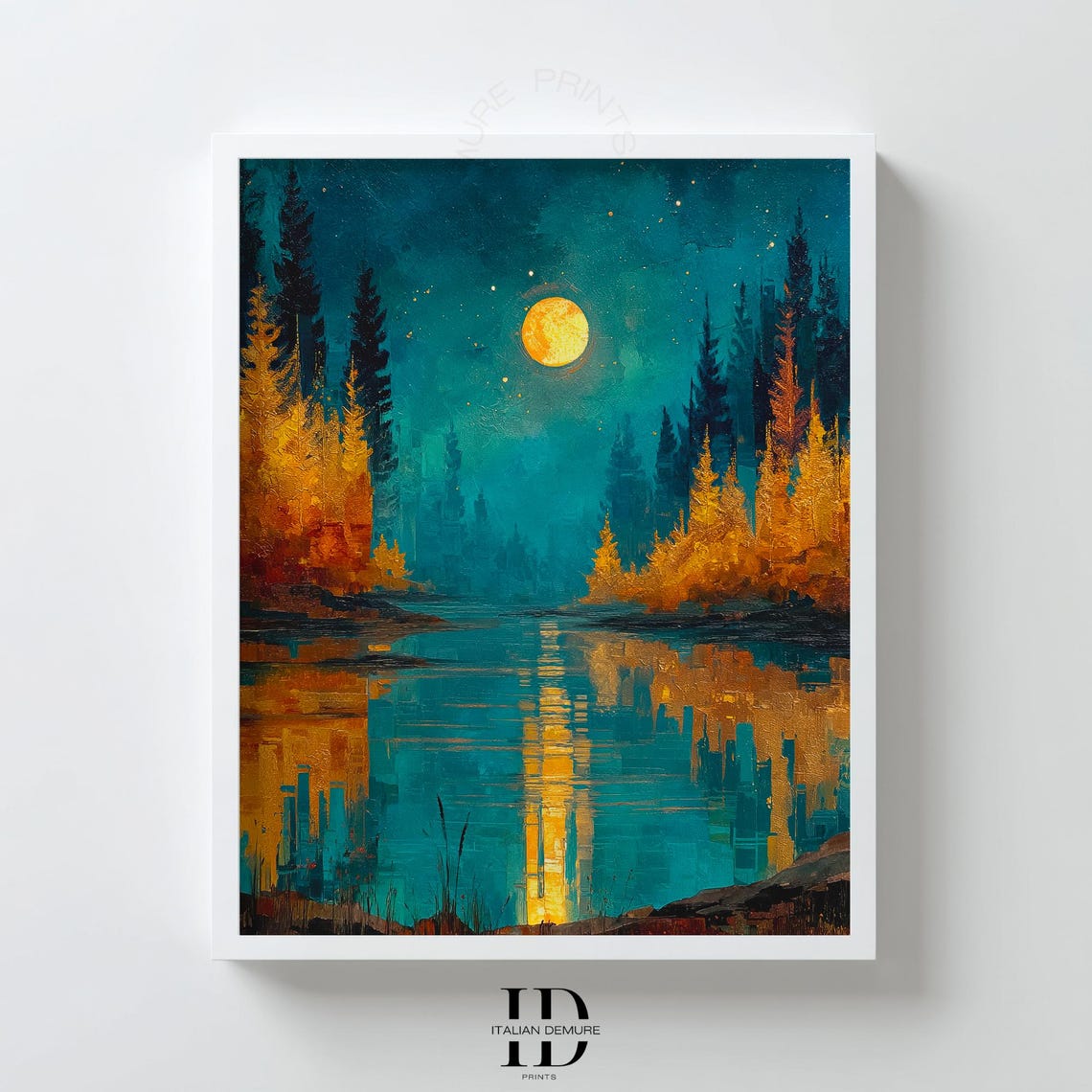 Moonlit Forest Lake Teal Blue Night Sky Full Moon Reflection Poster