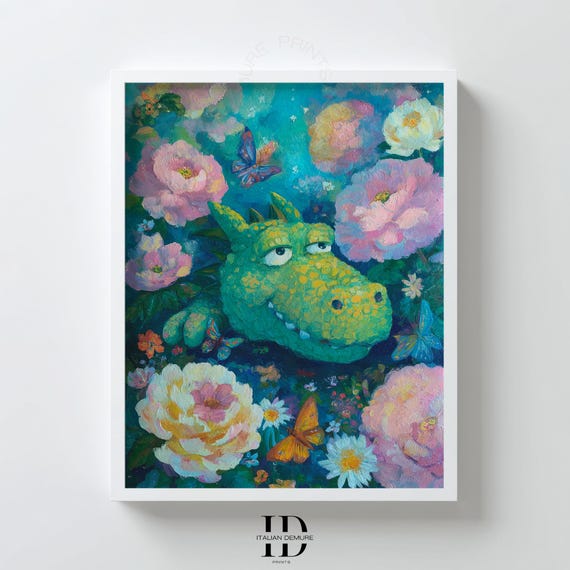 Whimsical Dragon Wall Art Cute Fantasy Animal Print Colorful Flower Garden Poster Nursery Artwork Kids Room Decor