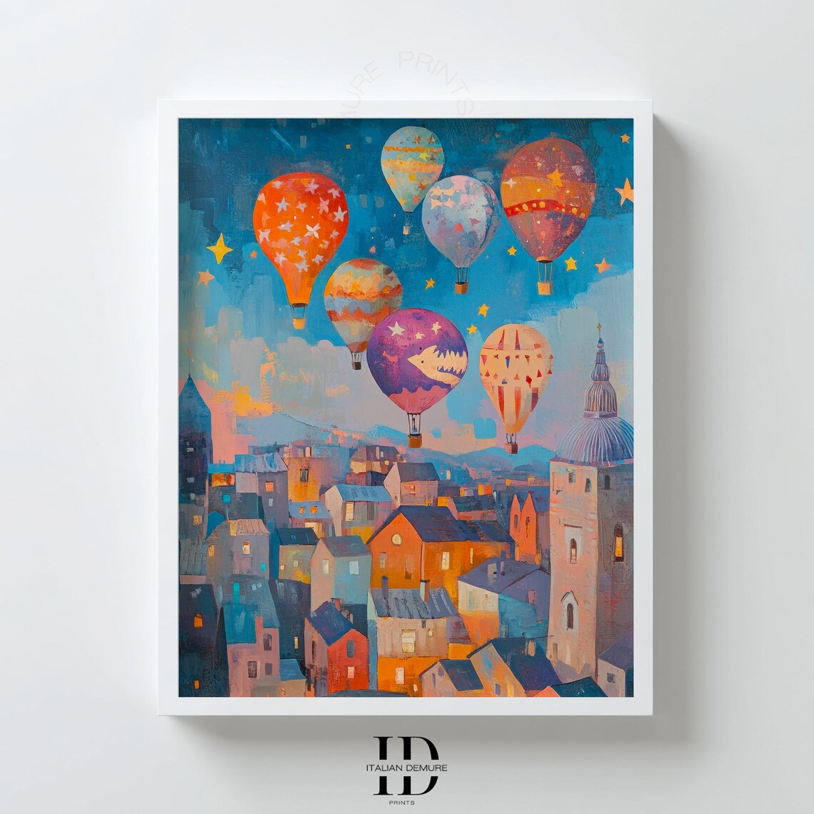 Hot Air Balloons Old European Town Dusk Sky Painterly Fantasy Art Poster