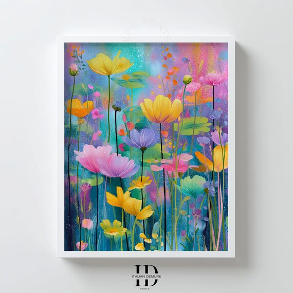 Sunny Wildflower Meadow Yellow Pink Impressionist Art Poster