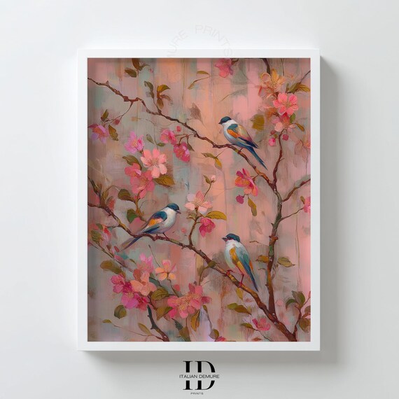 Spring Bird Wall Art Pink Blossom Botanical Print Vintage Nature Illustration Bluebird Floral Poster For Bedroom Decor