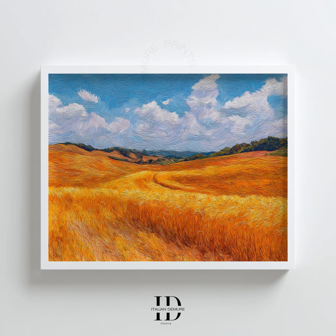 Golden Wheat Field Summer Blue Sky Impasto Landscape Art Print