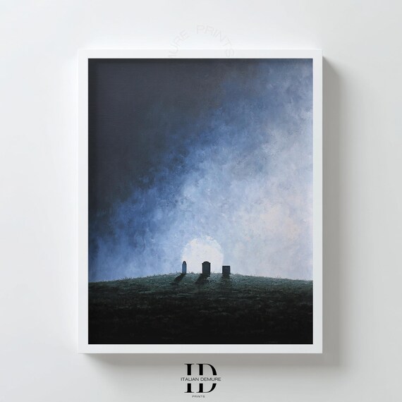 Graveyard Wall Art Moonlit Cemetery Print Minimalist Night Landscape Gothic Blue Decor Halloween Poster