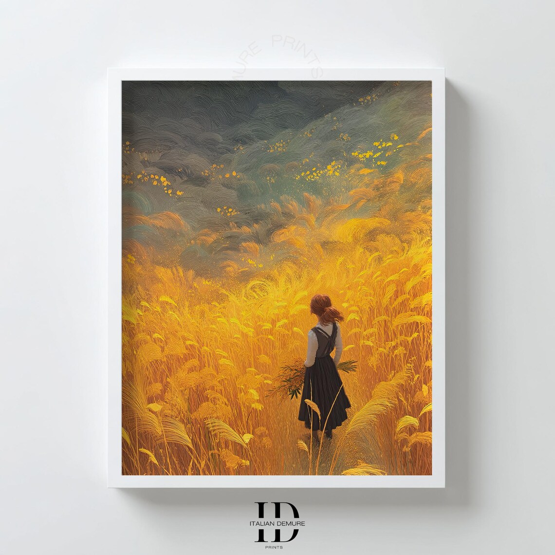 Golden Wheat Field With Woman In Black Dress Rustic Harvest Poster