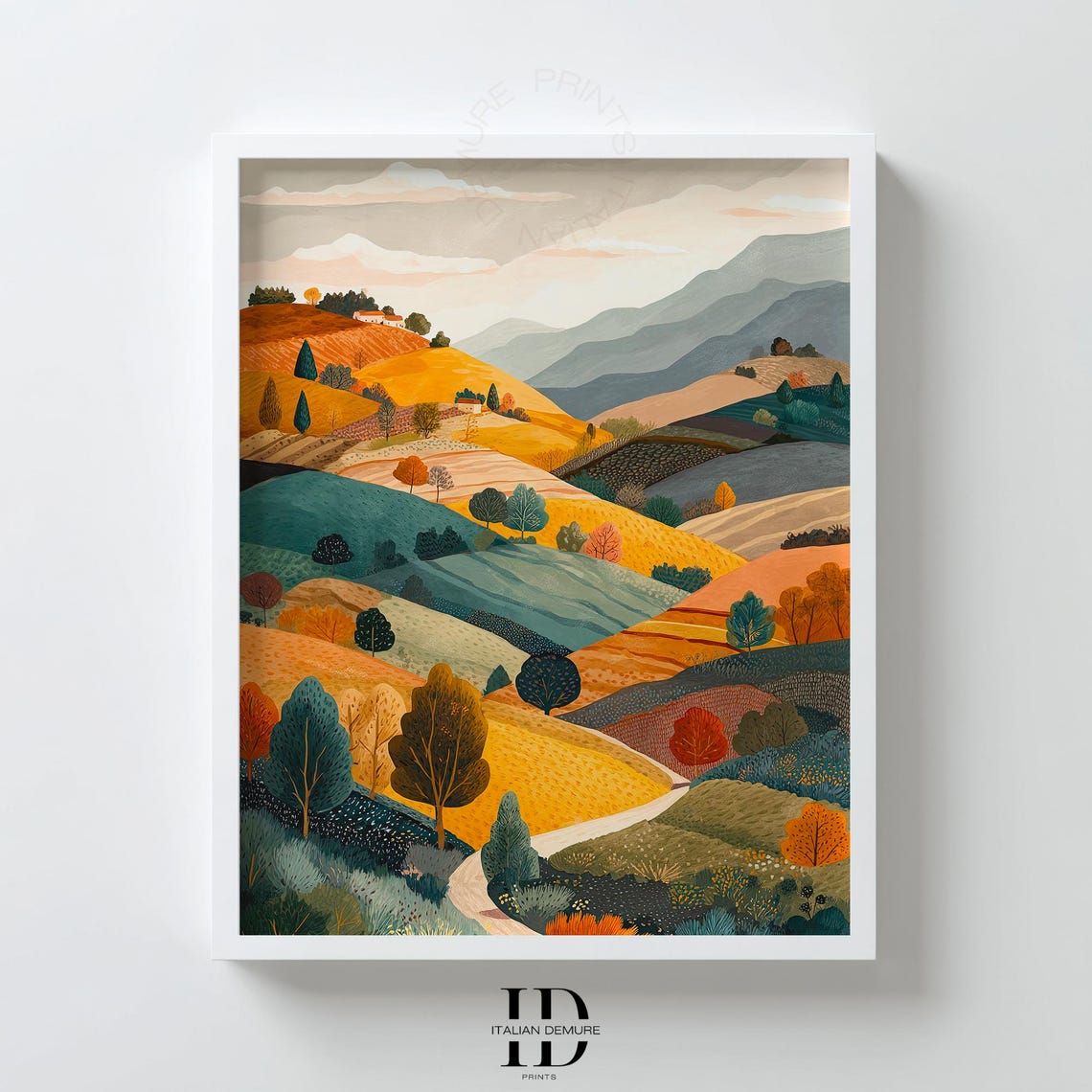 Autumn Tuscany Hills Patchwork Fields Colorful Illustration Poster