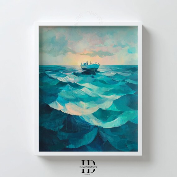 Fishing Boat Turquoise Ocean Waves Sunrise Painterly Seascape Art Poster