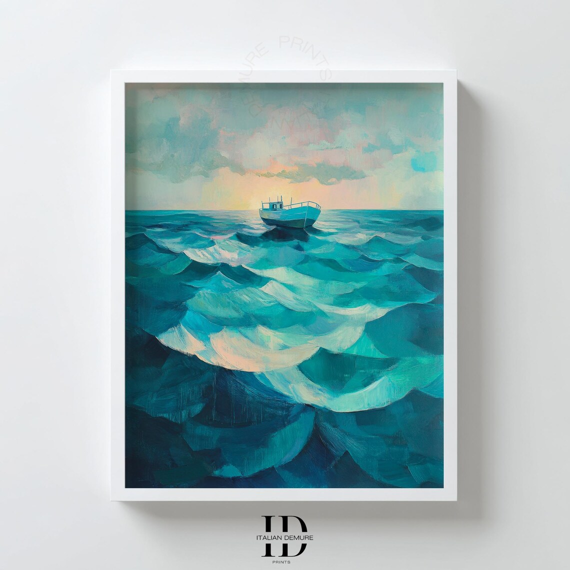 Fishing Boat Turquoise Ocean Waves Sunrise Painterly Seascape Art Poster