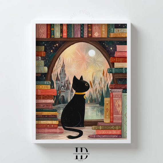 Black Cat in a Cozy Library Watching Fireworks Over a Castle Print