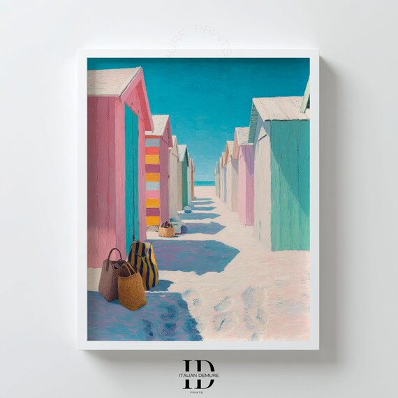 Pastel Beach Huts Coastal Painting Seaside Cabins Ocean Summer Poster