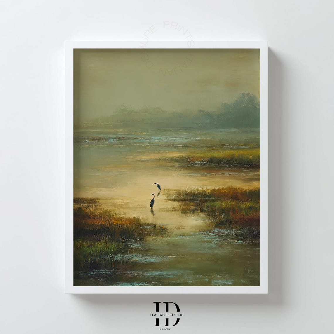 Golden Marshland Misty Wetlands Heron Birds Tranquil Art Print