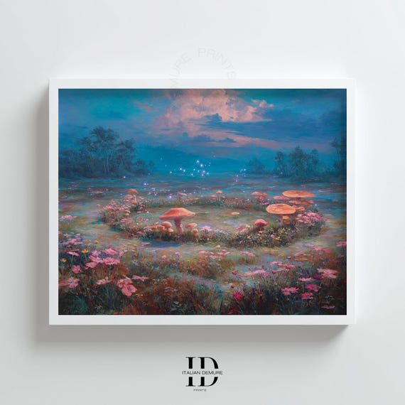 Enchanted Mushroom Ring Wall Art Whimsical Fairy Circle Print Magical Forest Landscape Poster For Bedroom Or Living Room